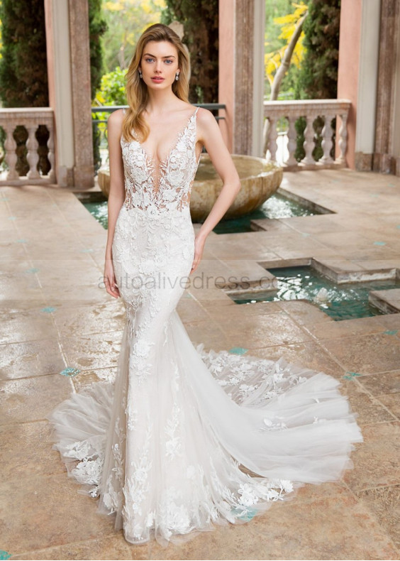 Ivory Embroidered Floral Lace Tulle Sexy Shimmering Wedding Dress